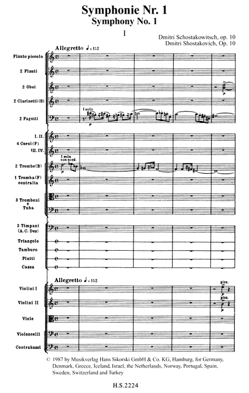 Schostakowitsch Symphonie Nr.1 ab Anfang - © MUSIKVERLAG HANS SIKORSKI GmbH & Co. KG, Hamburg - Abdruck mit frdl. Genehmigung